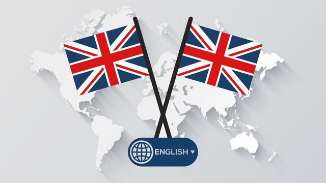 Abbildung von zwei englischen Flaggen vor einer Weltkarte.