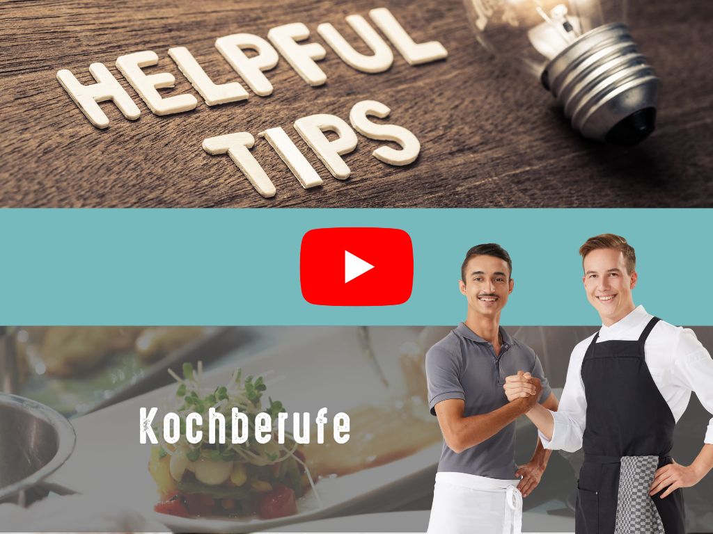 Abbildung mit drei Bereichen: oben ‚Helpful Tips‘ mit Glühbirne, mittig YouTube-Symbol mit zwei Personen in Kochkleidung, unten ‚Kochberufe‘ mit angerichteten Speisen.